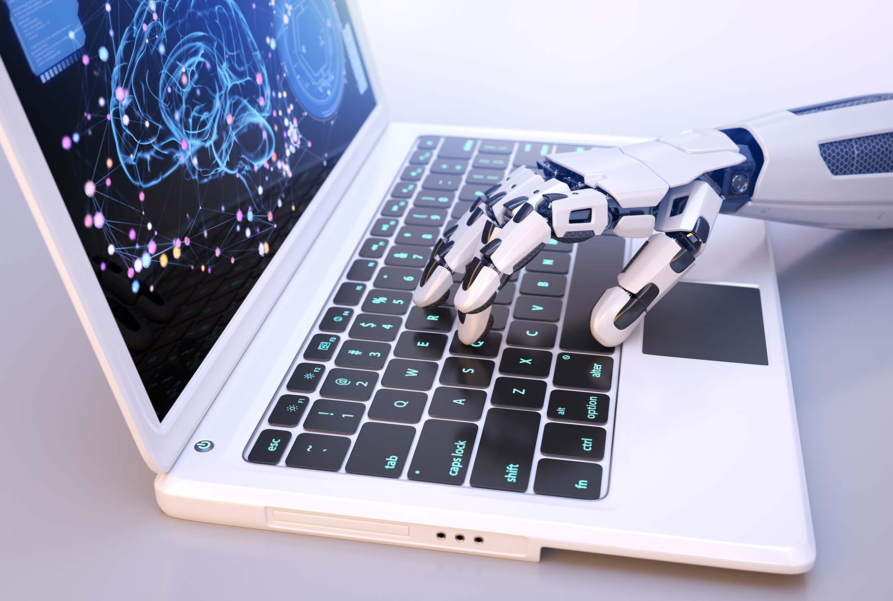 Photo showing a robot typing on a keyboard representing artificial intelligence