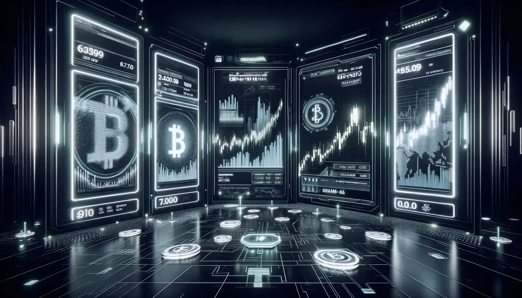 This image is designed to visually explain the concept of both large and small-sized cryptocurrency trades for a website. It depicts a high-tech trading environment, resembling a stock market chart, to emphasize the trading of top cryptocurrencies. The scene features digital screens or panels that display cryptocurrency trading graphs and data, all illuminated in striking neon green. These screens highlight the use of advanced order routing sources to secure the best market prices with minimal counterparty risks. The overall design underscores the advanced technology and security inherent in cryptocurrency trading, focusing on the supportive services provided by a client support team. The consistent use of neon green lights and colors throughout the image creates a cohesive and visually appealing theme, reflecting the innovative and dynamic nature of cryptocurrency trading.