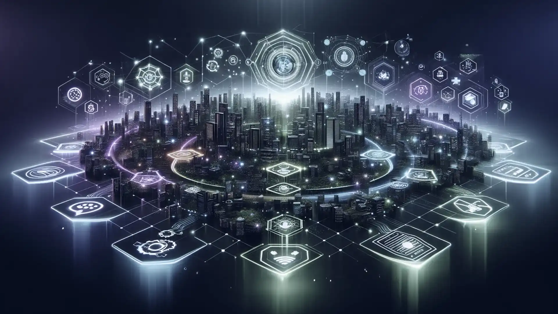 Image depicting a modern, integrated digital ecosystem in a 16:9 format, showcasing smart collaboration platforms and organization-wide transformation. The scene features interconnected digital networks and advanced collaborative tools, representing a holistic technological integration in a business setting. It is dynamically illuminated with neon green and purple lights, emphasizing a futuristic and transformative ambiance. This visual metaphor captures the essence of full-length digital transformation programs, devoid of any text, words, or butterflies