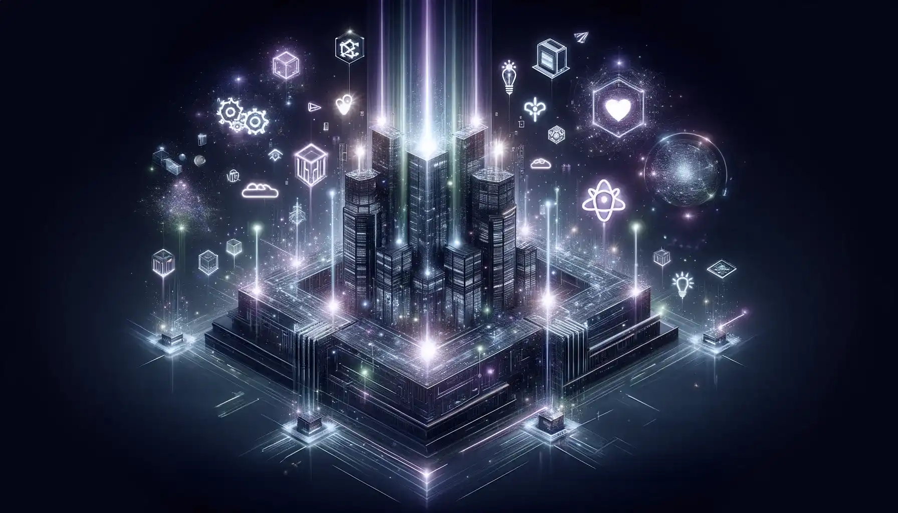 An abstract representation of a company’s digital architecture expertise, depicted as a towering structure of light at the center of various floating icons. These icons symbolize automation platforms, low-code applications, and business accelerators, all bathed in a radiant glow of purple and green neon lights. The image encapsulates a product-centric approach  to innovation, highlighting the company's capabilities in providing cutting-edge, automated solutions for business growth and digital transformation