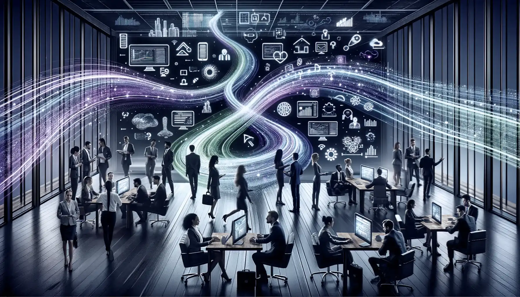 This 16x9 image depicts a modern office scene with business professionals, diverse in gender and ethnicity, engaging in various work activities. The central theme is the digitization of processes, illustrated by bright purple and green neon lights that represent digital code. These neon streams flow between the individuals, symbolizing the connectivity and integration brought about by NexGenTek's enterprise app development. The office environment is contemporary and technology-focused, with visible screens displaying advanced interfaces and applications. This visual metaphor highlights how NexGenTek's solutions facilitate significant operational changes and enhance customer experiences, effectively addressing both traditional and emerging business challenges to improve enterprise performance.