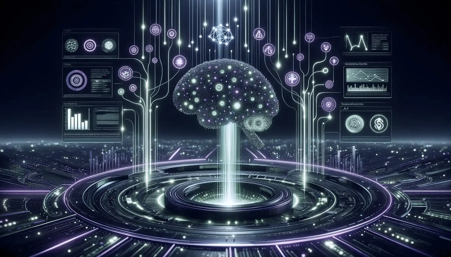 This 16x9 image captures how artificial intelligence (AI) empowers businesses to make informed investment decisions with greater clarity, speed, and confidence. It depicts an advanced digital environment where streams of data, illuminated in green and purple neon lights, funnel into a central hub or brain-like structure. This central hub symbolizes the analytical power of AI, processing vast amounts of data to provide valuable insights. The branching pathways emanating from the hub represent various decision outcomes, highlighting the transformative impact of AI on investment strategies. The image visually communicates the flow of information and the significant role AI plays in enriching companies' decision-making capabilities with data-driven insights, enabling more effective and confident choices in business investments.
