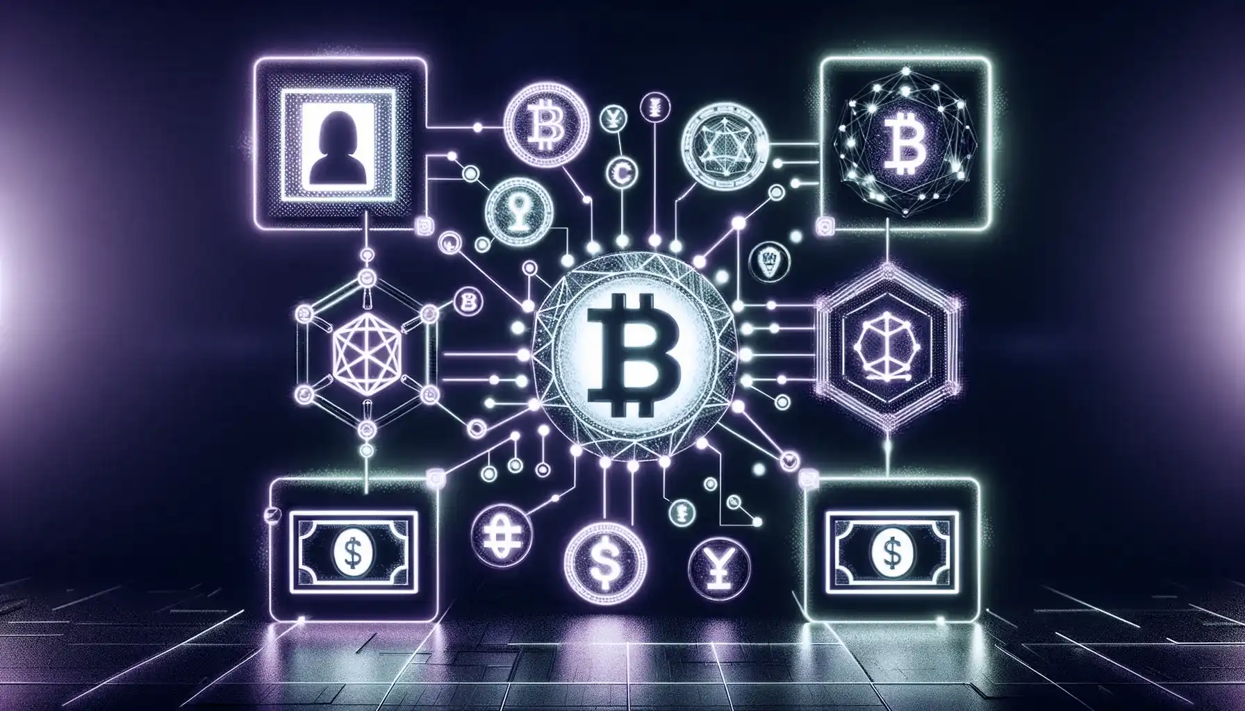 This image is a visual representation for a blockchain solutions landing page, focusing on reinventing identity, future supply chain, and financial aspects using blockchain technology. It features distinct symbolic icons: a digital ID card, a network representing supply chain management, and currency symbols, all seamlessly integrated into a blockchain structure. These elements are interconnected with intricate neon lines in shades of green and purple, highlighting the seamless integration and interaction of identity verification, supply chain management, and financial transactions within the blockchain framework. The background is a minimalistic digital space, emphasizing the key elements and their interconnectedness, portraying a sophisticated and futuristic approach to financial infrastructure solutions through blockchain technology.