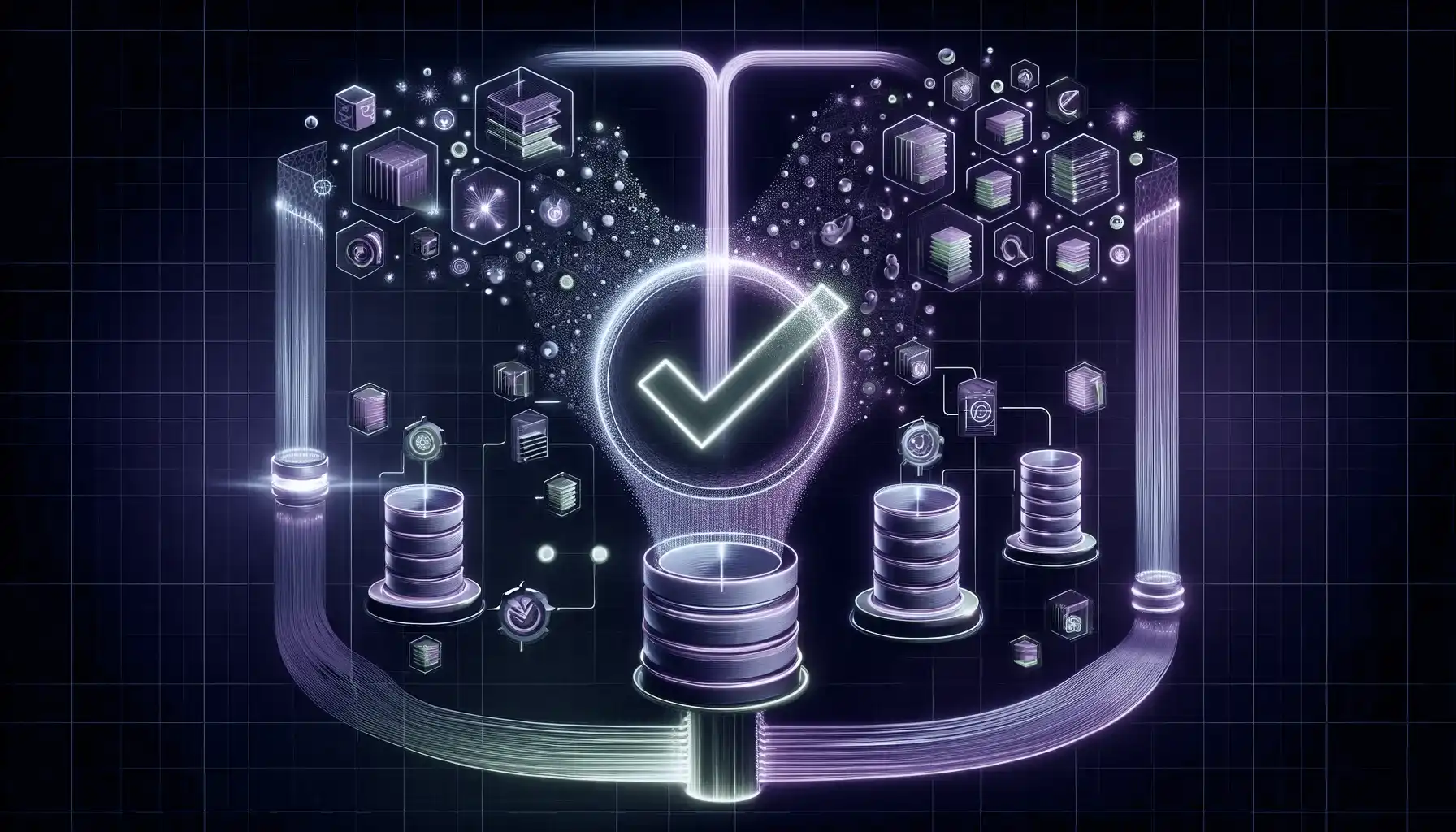 This 16x9 image vividly illustrates the role of machine learning in enhancing data quality and streamlining database analysis. It features dynamic purple and green neon data streams, representing the automated process of cleaning and transforming databases through machine learning algorithms. A prominent neon check mark symbol is integrated into the design, signifying the achievement of high-quality, accurately analyzed data. The streams interact with visual representations of databases, depicting the transformation and refinement of data. The imagery conveys the efficiency and precision that machine learning brings to database management, highlighting its importance in optimizing data for better business insights and decision-making. The overall design has a futuristic feel, emphasizing the advanced capabilities of AI in data processing and analysis.