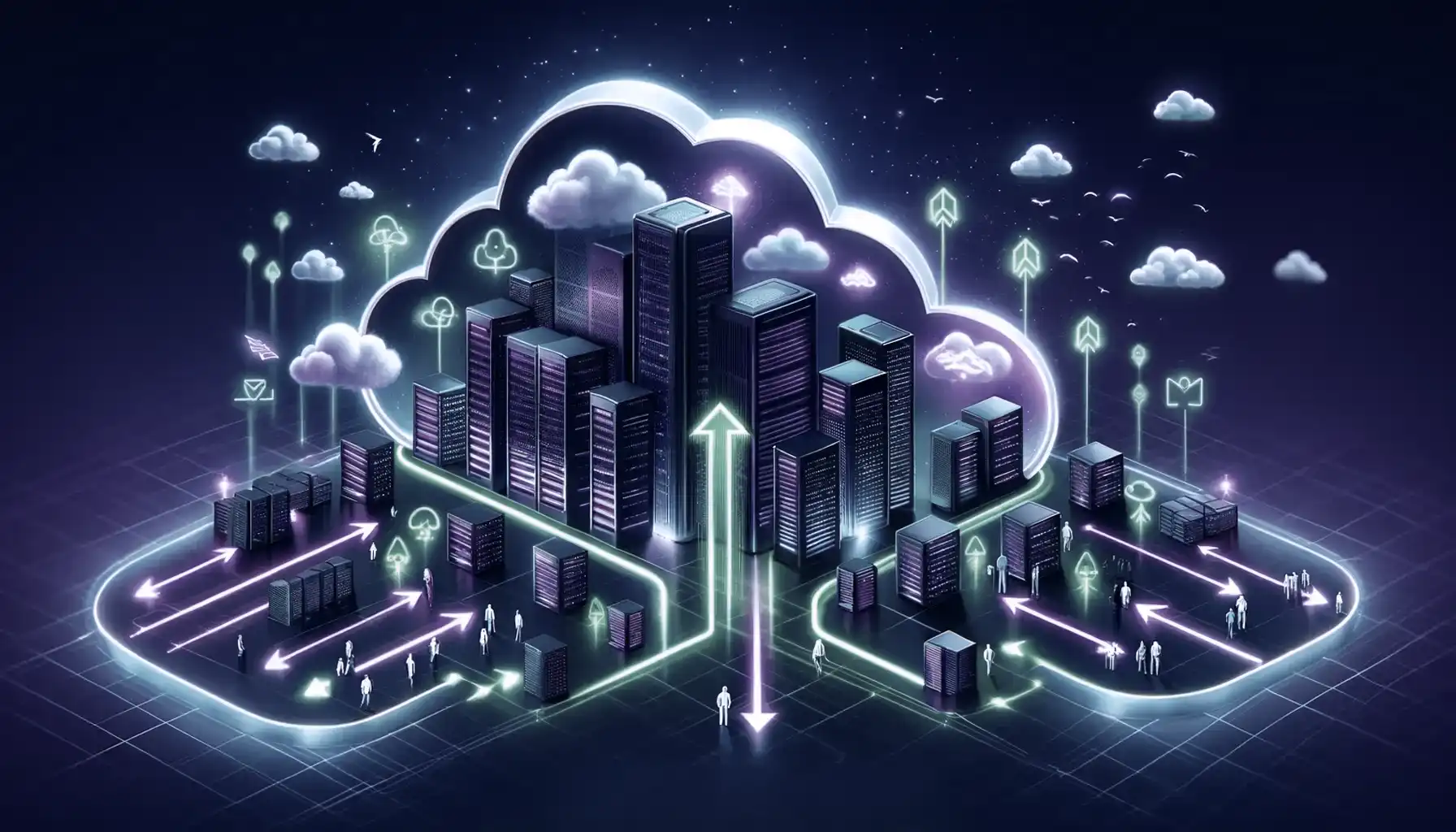 This 16x9 image vividly showcases the benefits of cloud management services offered by NexGenTek. It depicts a seamless transition from traditional IT infrastructure to a modern, cloud-based environment, illustrated by a cityscape where the buildings are connected by flowing purple and green neon lights. These lights lead from grounded servers towards expansive cloud icons above, indicating the journey of cloud migration and adoption strategies. The image symbolizes the transformation, scalability, and efficiency that cloud management services provide, highlighting NexGenTek's comprehensive approach and expertise in cloud solutions. The overall aesthetic conveys innovation and the forward momentum of businesses embracing cloud technology.