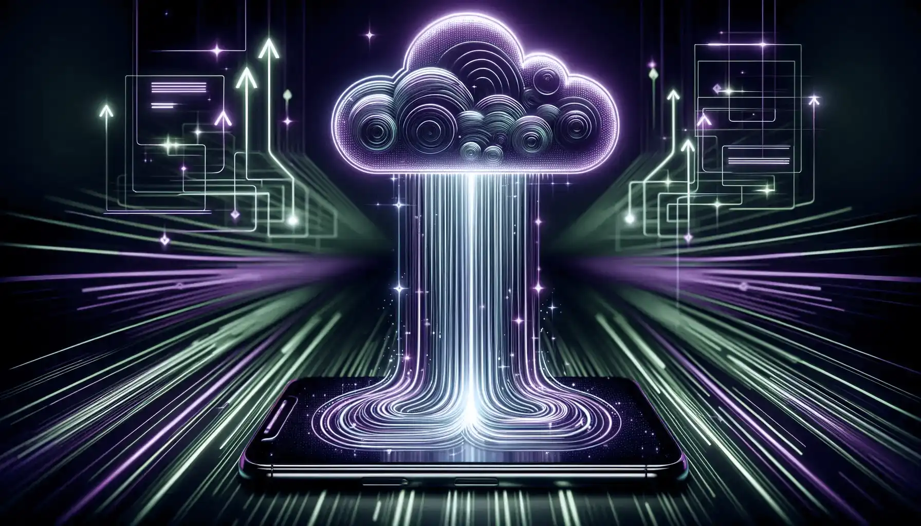 This 16x9 image vividly portrays the modernization of company applications, using a palette of purple and green neon lights. The focal point is a sleek, contemporary mobile device, from which streams of data and lines of code, depicted in bright neon colors, ascend towards a stylized cloud above. This imagery symbolizes the shift from traditional to cloud-based application solutions, embodying the concept of digital transformation and innovation in the business world. The background is abstract and technology-inspired, evoking a sense of a high-tech, digital environment. Overall, the image encapsulates the idea of technological progression and the move towards more efficient, cloud-enabled applications in modern business operations.