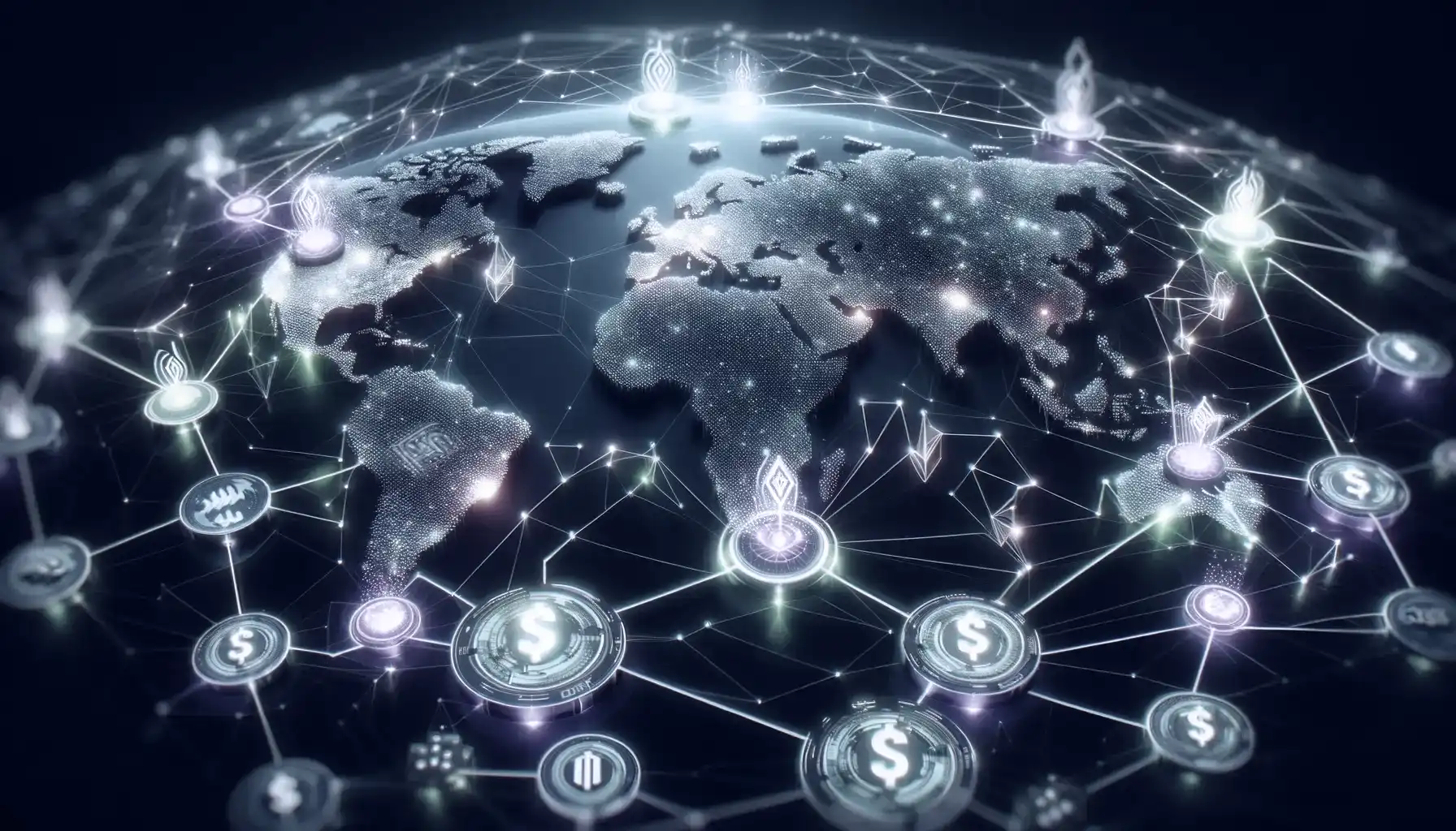 This image illustrates a company's blockchain services designed to facilitate cross-border payments and SWIFT transfers. It features a representation of the global financial network, possibly showcasing a world map with key financial centers highlighted. The focus is on the seamless integration of blockchain technology with the SWIFT system, ensuring reliable, end-to-end cross-border payments. The visualization includes interconnected nodes and pathways that represent the blockchain network, all illuminated in neon purple and green lights. These vibrant lights symbolize the efficiency, security, and connectivity of the blockchain-enabled SWIFT transfer system. The overall design is modern and digital, effectively conveying the advanced capabilities of the company's blockchain services in enhancing and securing global financial transactions.