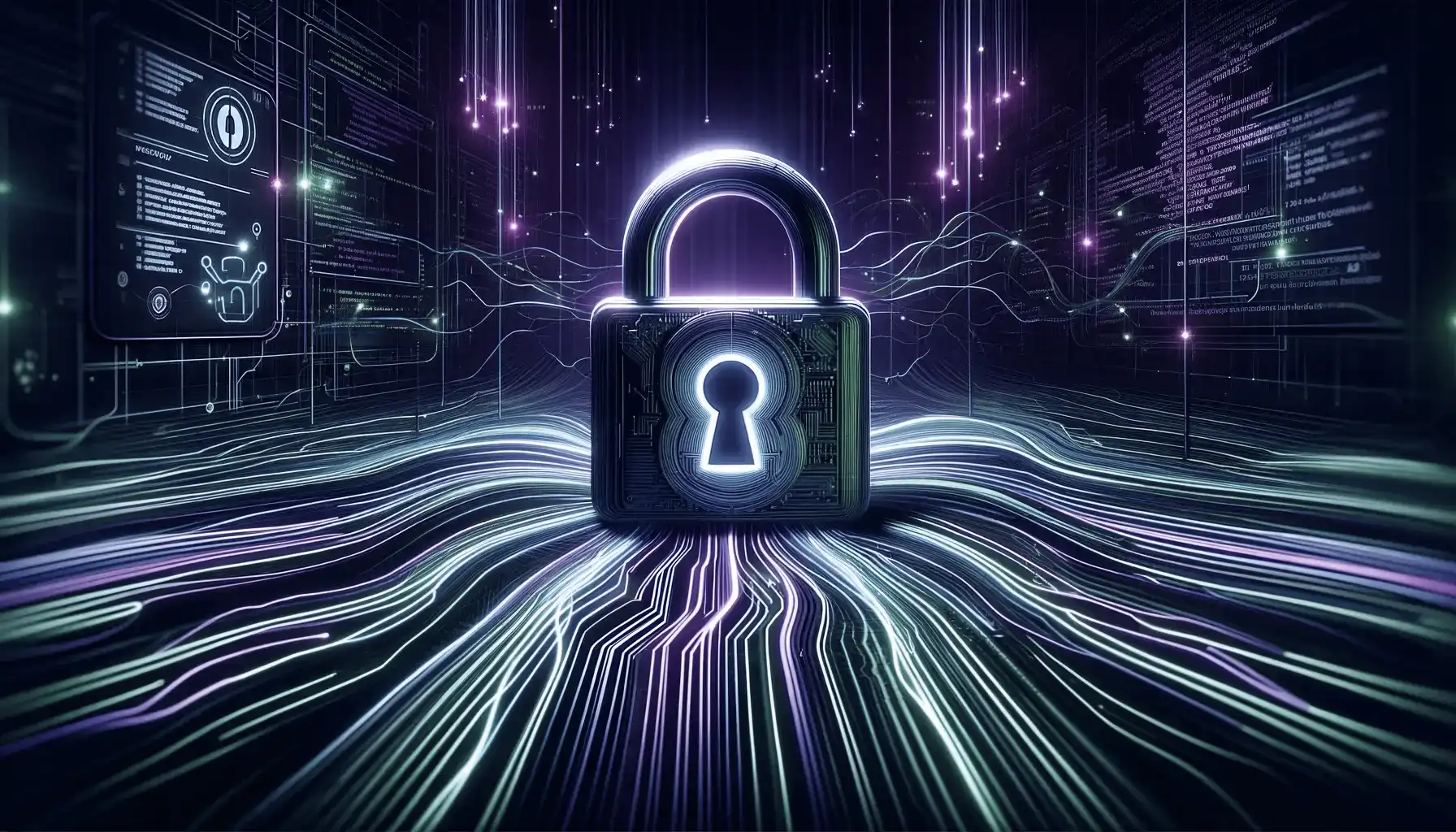 An image visualizing the security of cloud migration services. In the center, a glowing padlock symbolizing robust cybersecurity floats above a digital landscape. The lock is illuminated with a bright neon outline, emphasizing its impenetrable nature. Vibrant neon lines in green and purple hues flow outward from the lock, representing secure data streams within the cloud infrastructure. The background features cascading binary code and digital interfaces, suggestive of complex encryption and secure data transfer protocols. This imagery conveys a message of advanced, reliable, and secure cloud migration services.