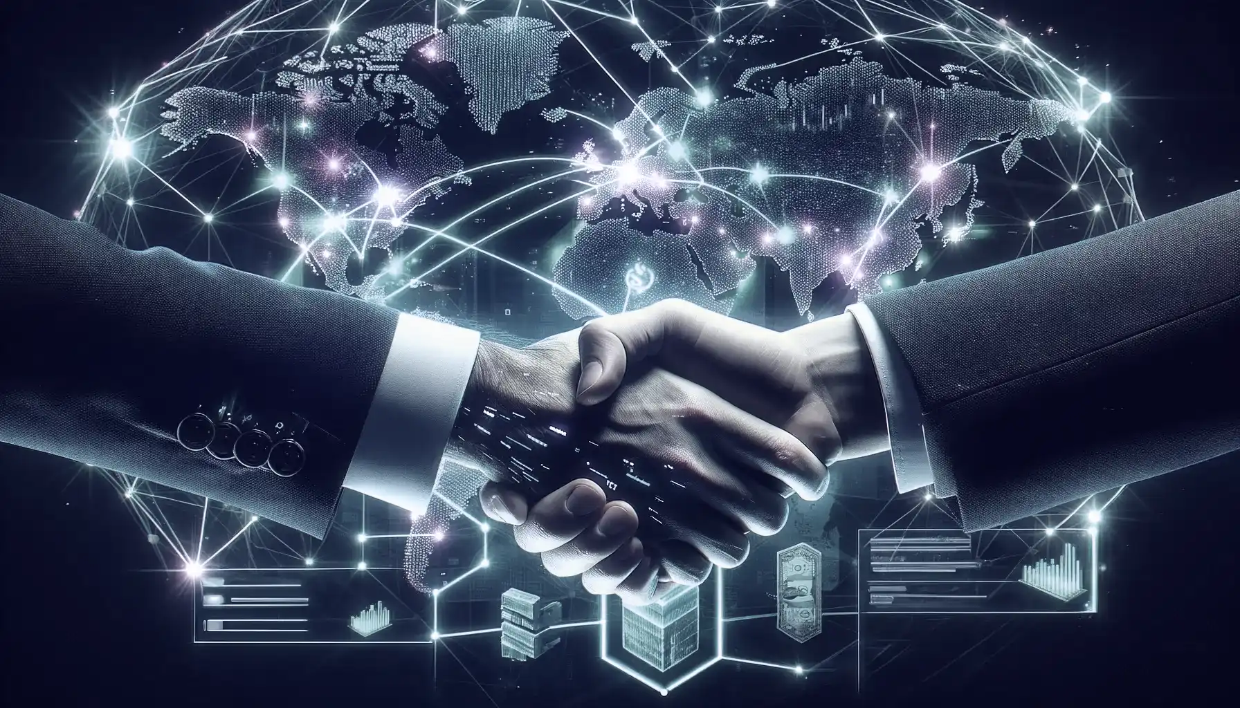 This image illustrates the role of a company's blockchain services in facilitating strategic business partnerships. The central focus is on two hands shaking against a backdrop of a world map, symbolizing global collaboration and deal-making. This handshake represents the formation of strategic tie-ups. Behind this gesture, the world map features visualizations of cross-border payments, which are interconnected by a network of neon green and purple lights. These lights represent the blockchain network, signifying its role in enabling efficient and smart outcomes in international business transactions. The overall design is sleek, modern, and digital, emphasizing the transformative impact of blockchain technology in fostering global business collaborations and partnerships.