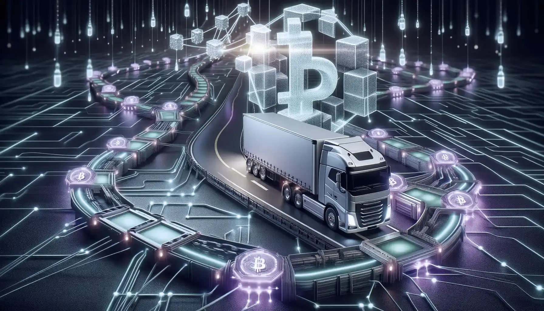 This image depicts a concept for integrating blockchain technology in supply chain management, suitable for a blockchain solutions landing page. It features a modern, detailed freight truck driving along a path that is seamlessly intertwined with a blockchain network. The blocks within this network are vividly connected with green and purple neon lights, symbolizing the secure and efficient linkage that blockchain technology brings to supply chain operations. The combination of the physical truck and the digitally enhanced blockchain network illustrates the merging of traditional supply chain logistics with advanced digital solutions. The background merges digital elements with industrial motifs, reinforcing the theme of technology enhancing conventional supply chain processes.