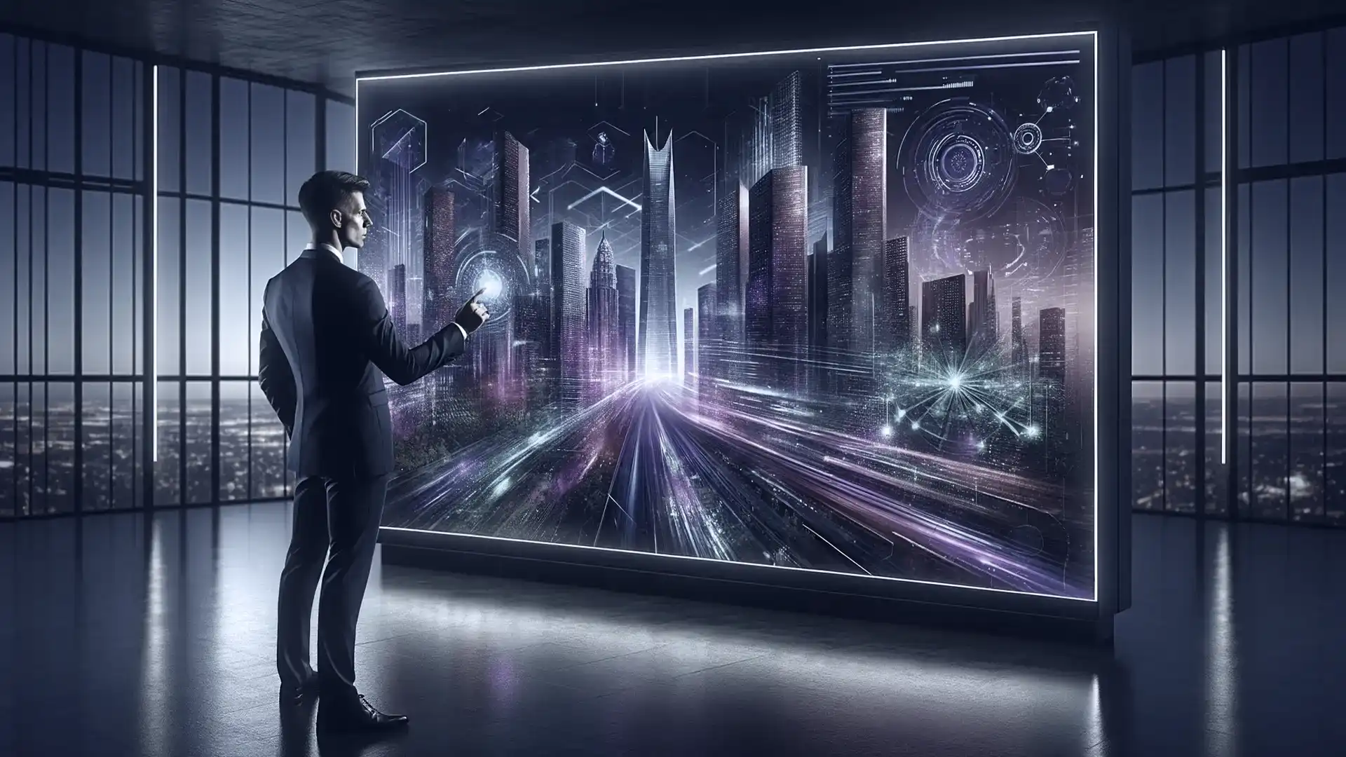 a business professional engaging with a futuristic digital display, embodying the theme of accelerated digital transformation and strategic foresight