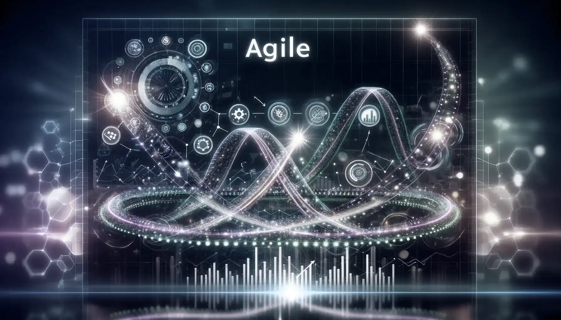 This 16x9 image visualizes the concept of agile transformation in business. It features dynamic and easily understandable agile imagery like iterative loops, flexible graphs, and adaptive flowcharts, all highlighted in green and purple neon lights. These elements suggest continuous improvement and adaptability, key traits of the agile method. Data streams depicted in neon colors move within these agile structures, representing the flow of investment and resources driving innovation and efficiency.