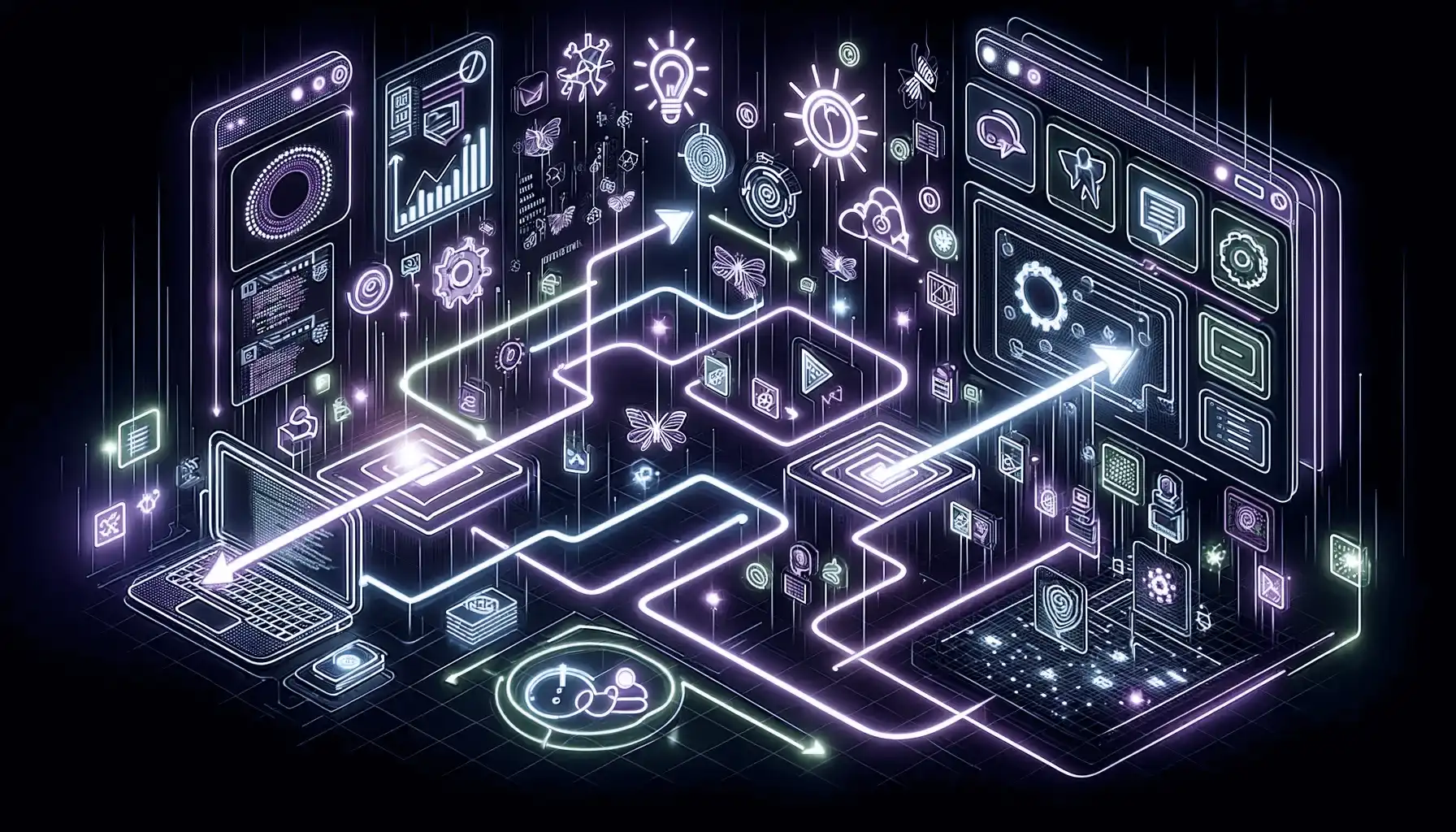 This 16x9 image depicts a futuristic digital environment where the optimization of business applications is visualized through purple and green neon lights. At the heart, a laptop and digital screens display graphs, charts, and code, all interconnected by glowing neon pathways that represent the seamless restructuring of data and workflows. Icons symbolizing transactions, policies, and application features are linked by these vibrant streams, suggesting a continuous process of monitoring and improvement by application specialists. The overall aesthetic communicates a high-tech, efficient approach to ensuring applications deliver seamless transactions and optimized performance in line with business objectives.