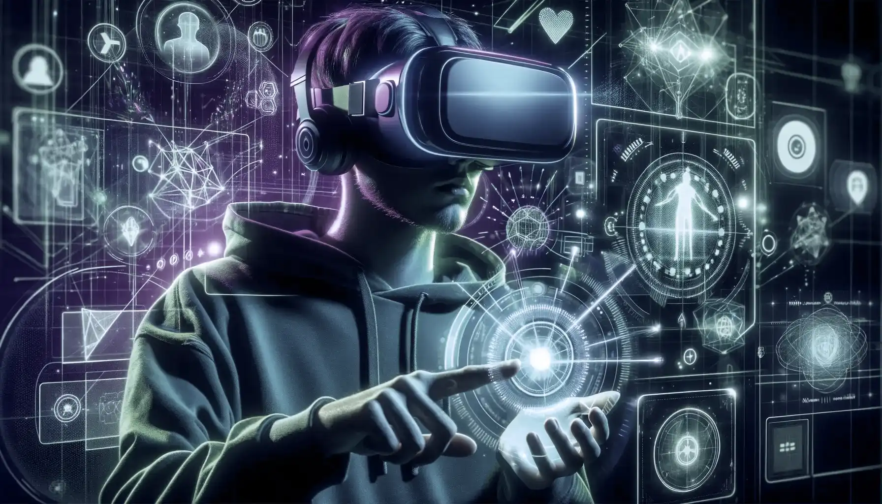Image depicting a person immersed in an AR/VR experience, wearing advanced goggles. They are surrounded by a vibrant display of neon green and purple lights, which cast an ethereal glow over the scene. The background is filled with abstract digital graphics and symbols, representing the virtual world. The person's gestures indicate interaction with these virtual elements, highlighting the immersive and cutting-edge nature of AR/VR technology