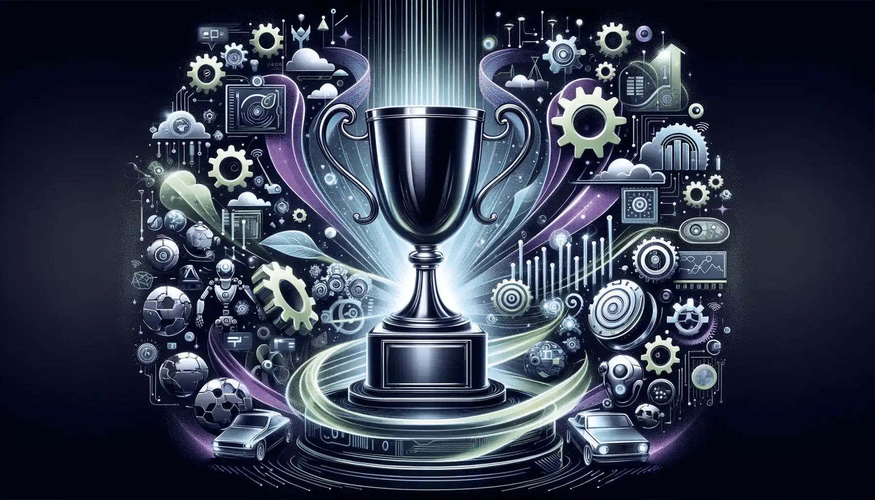 This image showcases the success and recognition of a digital solutions company in the field of advanced technology implementation. Central to the design is a large, impressive trophy, symbolizing the company's achievements and accolades in the industry. Surrounding the trophy are visual elements like gear cogs and robotic figures, representing the advanced technological solutions provided by the company. Additionally, data streams flow around these elements, further emphasizing the company's expertise in digital innovation. These components are interconnected with bright neon green and purple streams of light and data, conveying a sense of cutting-edge innovation and excellence. The overall composition of the image conveys prestige, innovation, and excellence, highlighting the company's esteemed position in the field of digital technology and business solutions.