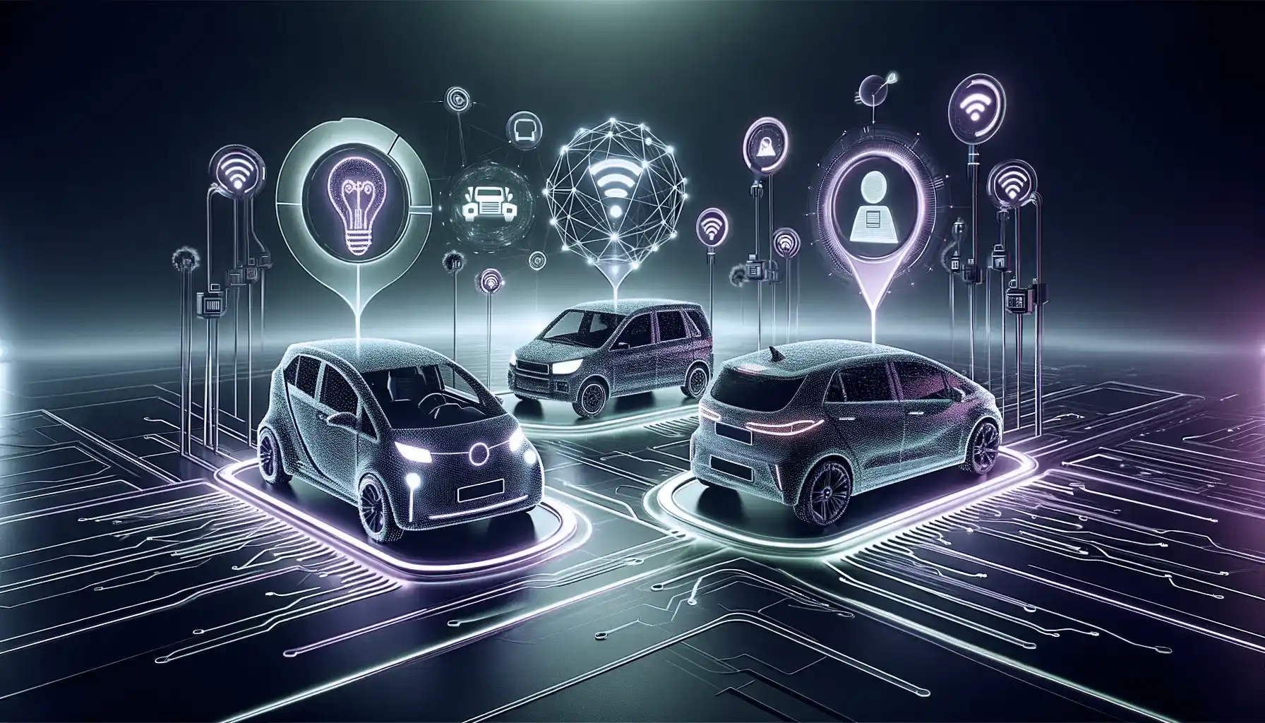 Image depicting connected vehicle solutions, emphasizing IoT, AI, and data analytics technologies, illuminated in neon green and purple lights. Modern vehicles, equipped with advanced connectivity features, are shown interacting with their environment, symbolizing seamless data exchange and analytics. The vehicles are set against an abstract, high-tech background dominated by neon green and purple, highlighting the theme of innovative and interconnected vehicle technology