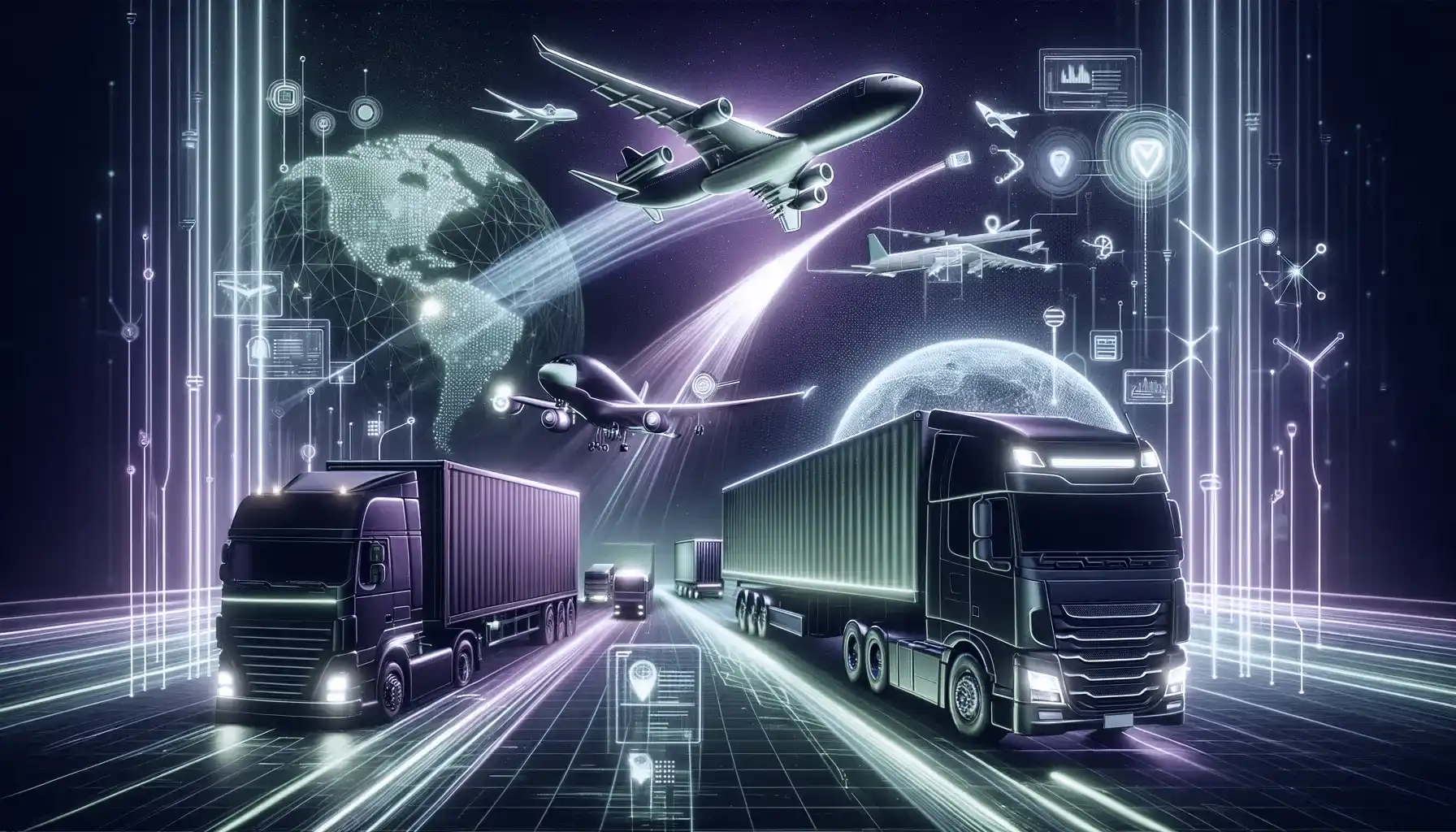Image depicting a high-tech supply chain scene with key elements like a freight truck, airplane, and cargo boat, all illuminated in striking neon green and purple lights. These vehicles are integrated into a dynamic logistics operation, surrounded by digital elements such as data streams and network connections, emphasizing their crucial role in modern supply chain management. The background is abstract and futuristic, reinforcing the theme of innovative and advanced supply chain technology
