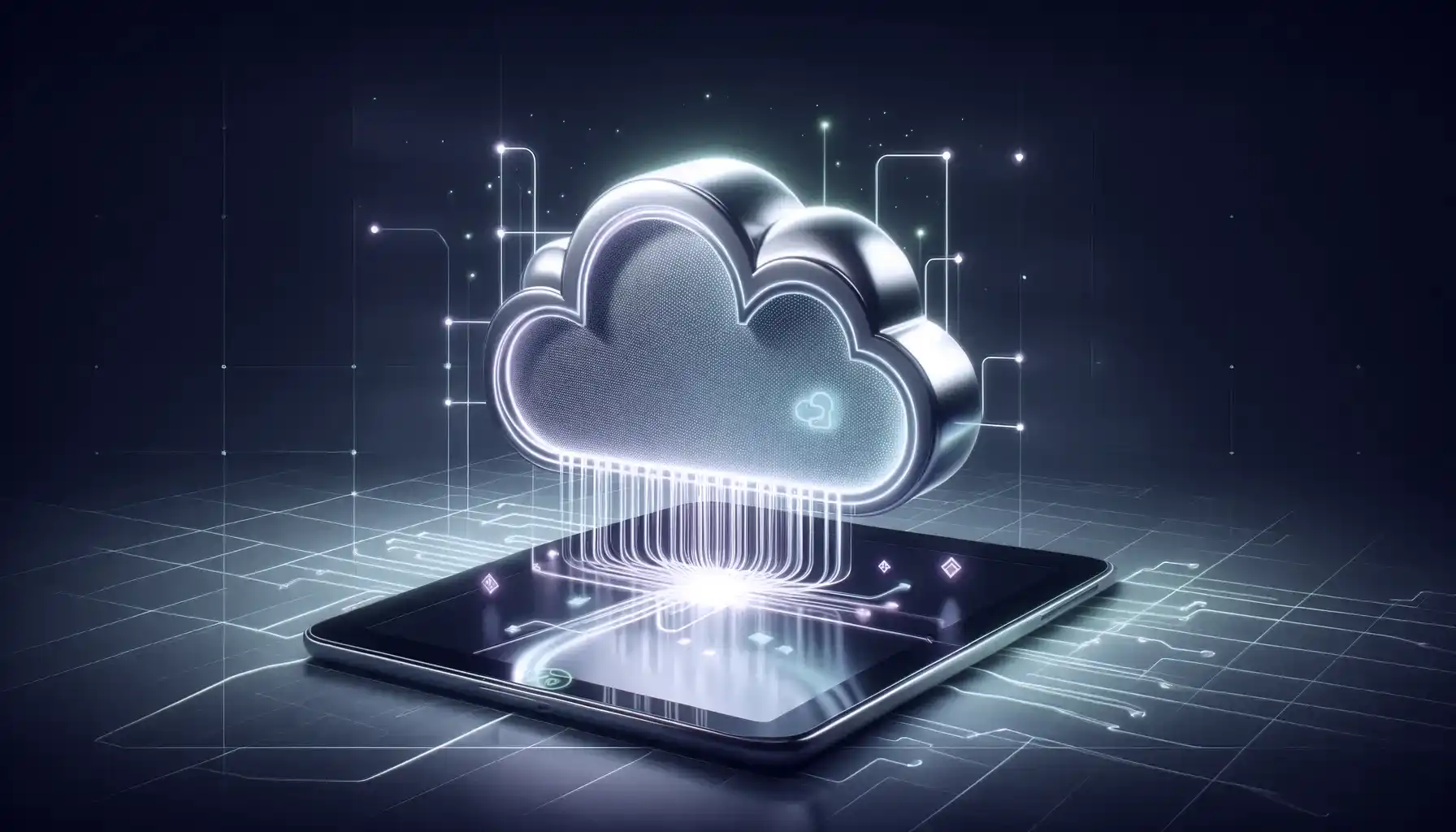  The image showcases a modern, user-friendly approach to cloud migration, featuring a sleek tablet with a luminous display of a cloud. This cloud icon symbolizes a simple, intuitive interface for managing cloud migration. Surrounding the tablet, animated green and purple data packets flow smoothly in and out, representing a streamlined and efficient data transfer process. The background is a minimalistic digital grid, subtly referencing the sophisticated, tailor-made configuration tools, secure networking options, and ready-to-use scripts available. The composition conveys the message of an accessible, secure, and hassle-free cloud migration experience.