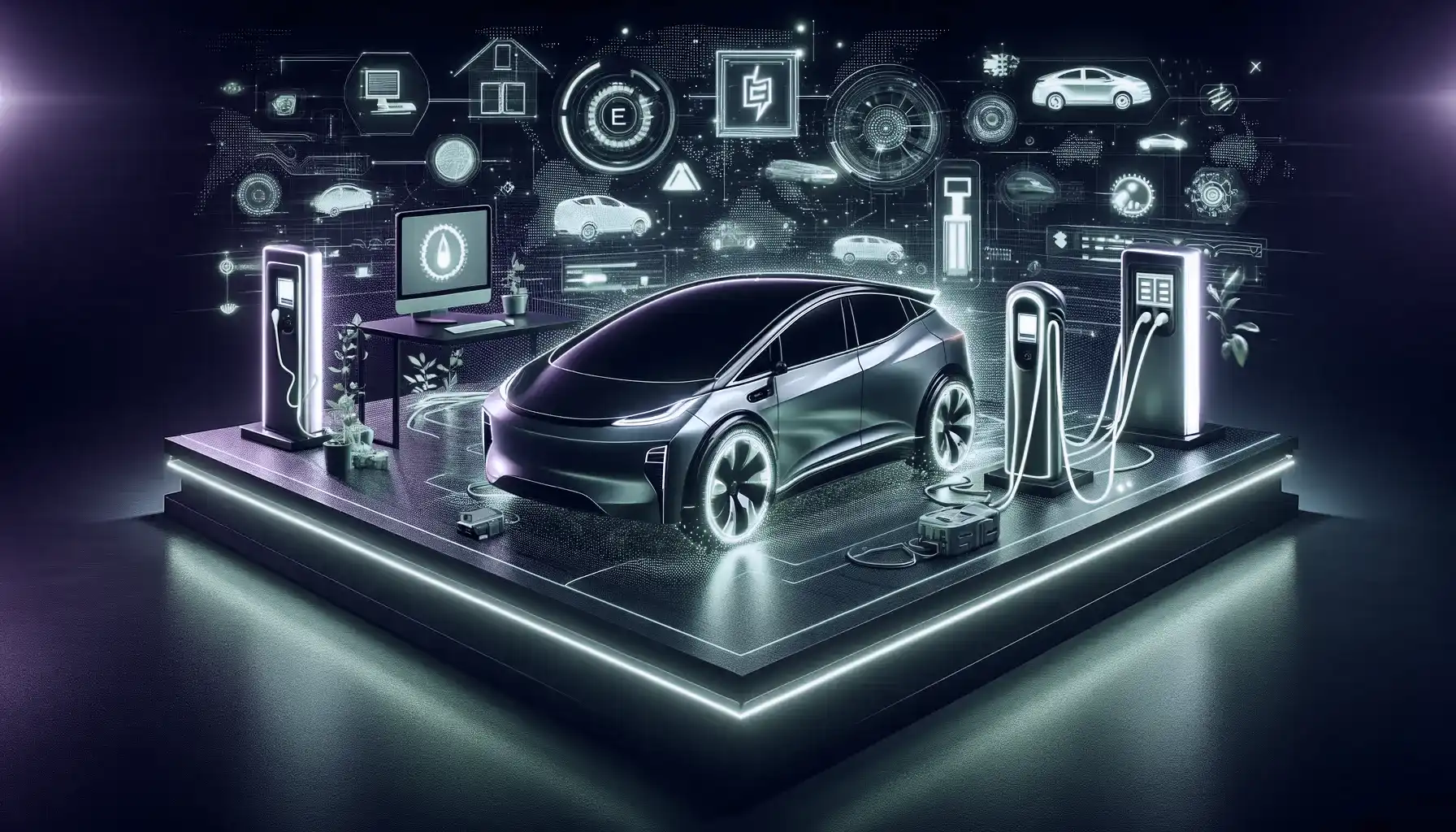 Image showcasing e-mobility solutions for the electric vehicle revolution, featuring a sleek, modern electric car at the center. The car is surrounded by elements like charging stations and digital interfaces, symbolizing advanced e-mobility strategies and toolkits. The entire scene is illuminated in vibrant neon green and purple lights, creating a futuristic and technologically advanced atmosphere. The background is abstract, emphasizing the innovative and forward-thinking nature of electric vehicle technology