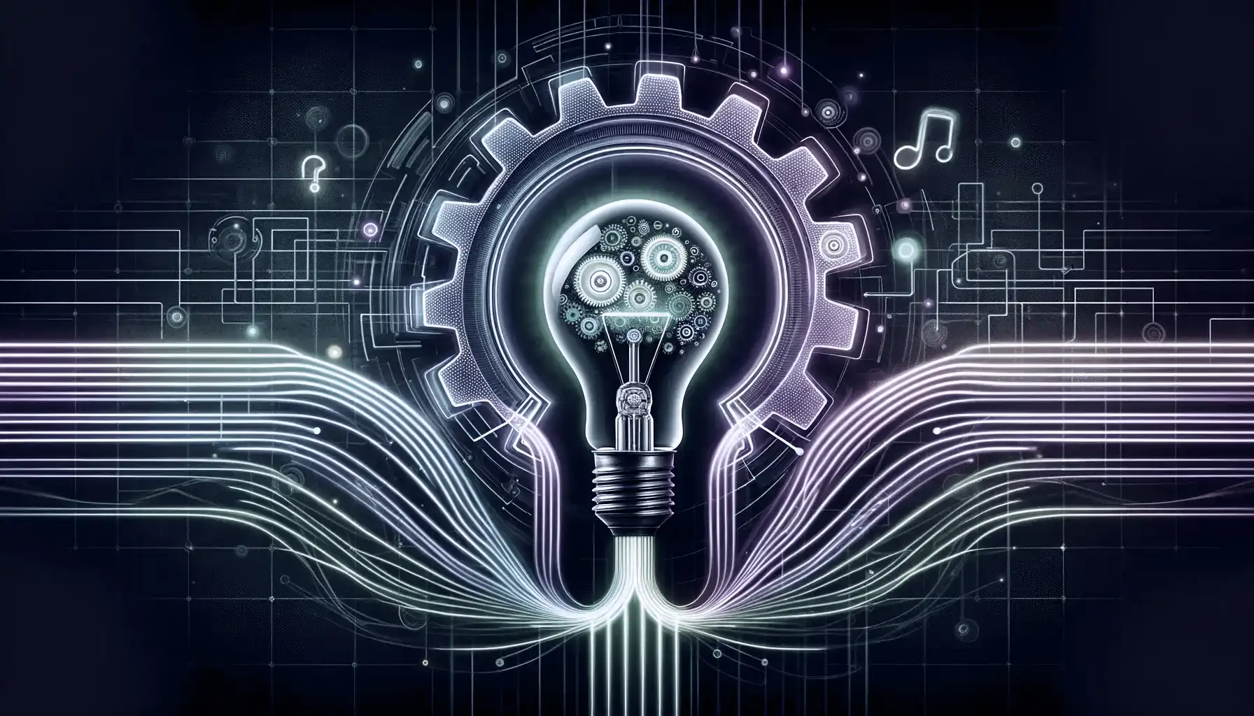 This image encapsulates the concept of business process automation technology aiding innovation in the business sector. The central element is a lightbulb, representing the generation of new ideas, which is seamlessly integrated with a mechanical gear cog, indicative of the automation aspect. Data streams in neon green and purple flow in and out of the lightbulb and gear cog, symbolizing the dynamic and efficient integration of innovative ideas with automated business processes. The neon lights add a modern and futuristic feel to the image, emphasizing the transformative power of automation technology in turning creative ideas into operational realities. The overall design highlights the synergy between creativity and technology in advancing business innovation.