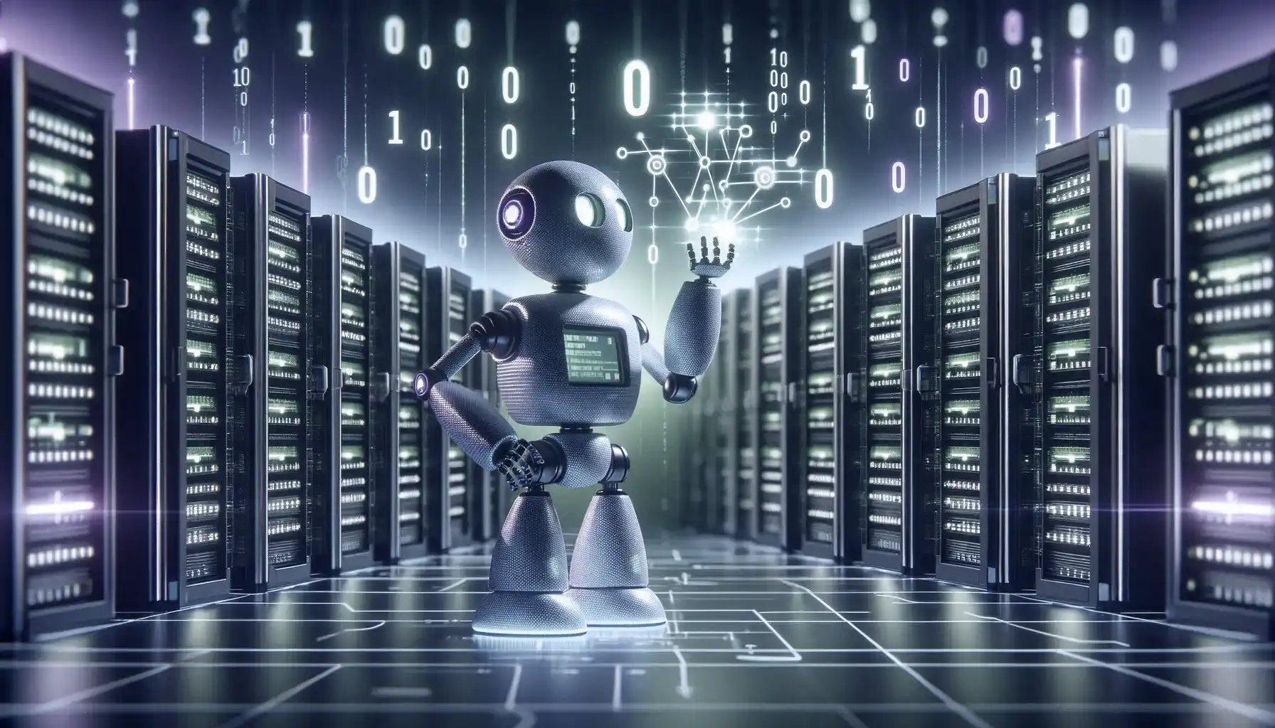 This image visually represents the concept of robotic business process automation, particularly focusing on low-code RPA (Robotic Process Automation) solutions. It features a scene with data racks and robotic figures, symbolizing the integration and implementation of robotic automation in business processes. In the background, binary codes (1s and 0s) are depicted, representing the digital and computational foundation of these solutions. The entire scene is bathed in bright neon green and purple lights, which highlight the advanced, efficient, and innovative nature of the low-code RPA tools. These vibrant lights create a high-tech and futuristic atmosphere, emphasizing the transformative impact of low-code RPA in enhancing scalability and improving the performance of bots on virtual hosts, thus optimizing business operations.