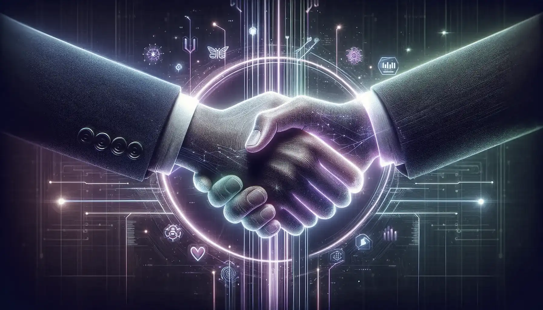 A 16x9 image highlighting the concept of partnership in enterprise application development. At the center, two hands are depicted in a handshake, illuminated by striking purple and green neon lights, symbolizing strong collaboration and unity. Surrounding this central image are subtle elements of digital code and interconnected lines, representing the integration of technology and shared objectives in business. The overall visual conveys a sense of mutual success and unity in digital transformations, captured in a clean and modern style
