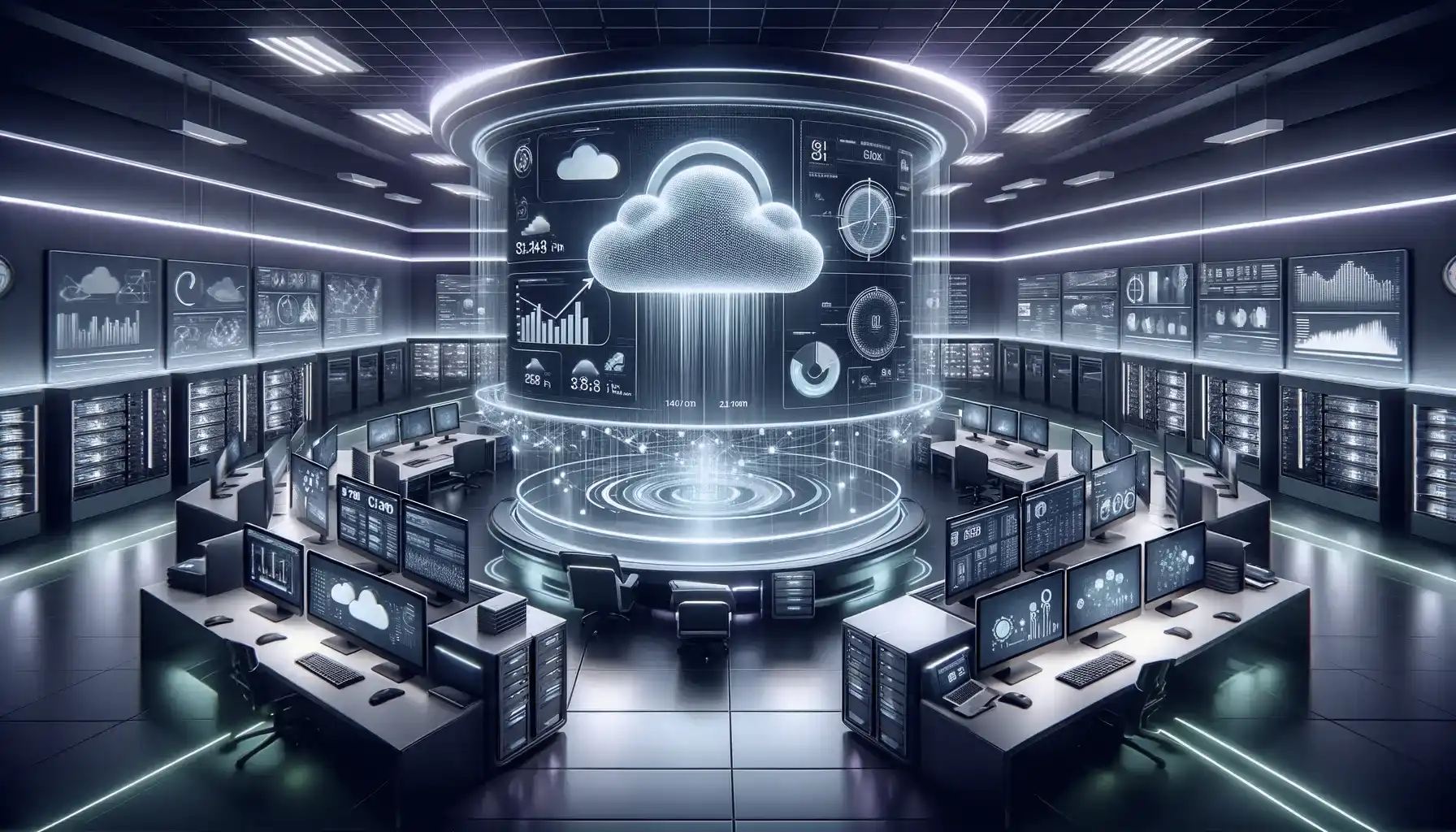 This image depicts a futuristic office setting, illustrating how cloud management services can reduce business operating costs. The scene features sleek, high-tech computers and servers, all interconnected within a centralized cloud network. A digital dashboard is prominently displayed, showcasing graphs and statistics that emphasize cost savings and efficiency improvements. The office is enveloped in a vibrant atmosphere, highlighted by soft green and purple neon lights, creating a visually striking, technological ambiance. The absence of people in the scene underscores the automated and efficient nature of cloud management systems.