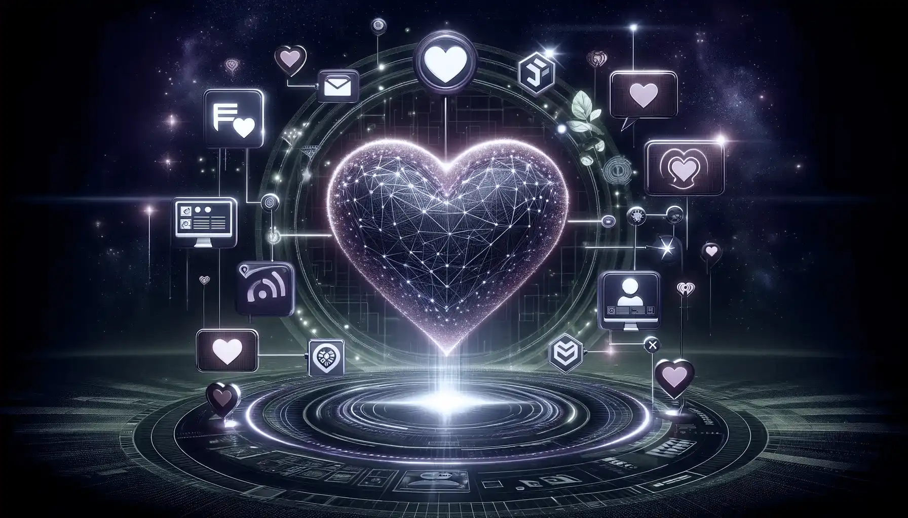 Image depicting how digital technology enhances consumer loyalty to a brand, featuring a large heart symbol at the center, representing consumer affection and loyalty. Surrounding the heart are various digital technology elements like social media icons, customer feedback tools, and personalized marketing strategies, illustrating the role of digital innovations in improving customer experience and engagement. The entire scene is enveloped in neon green and purple lights, creating a vibrant and futuristic ambiance. This symbolizes the strong connection between technology and brand loyalty. The abstract background underscores the impact of digital technology in forging solid consumer-brand relationships